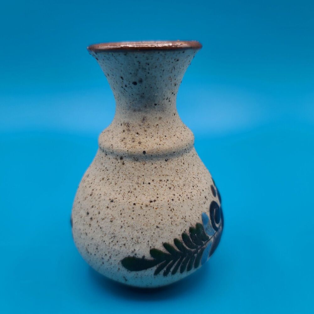 Art Pottery Tonala Mexico Floral Fern Mexican Folk Art Vase Signed Sandstone - Picture 4 of 8